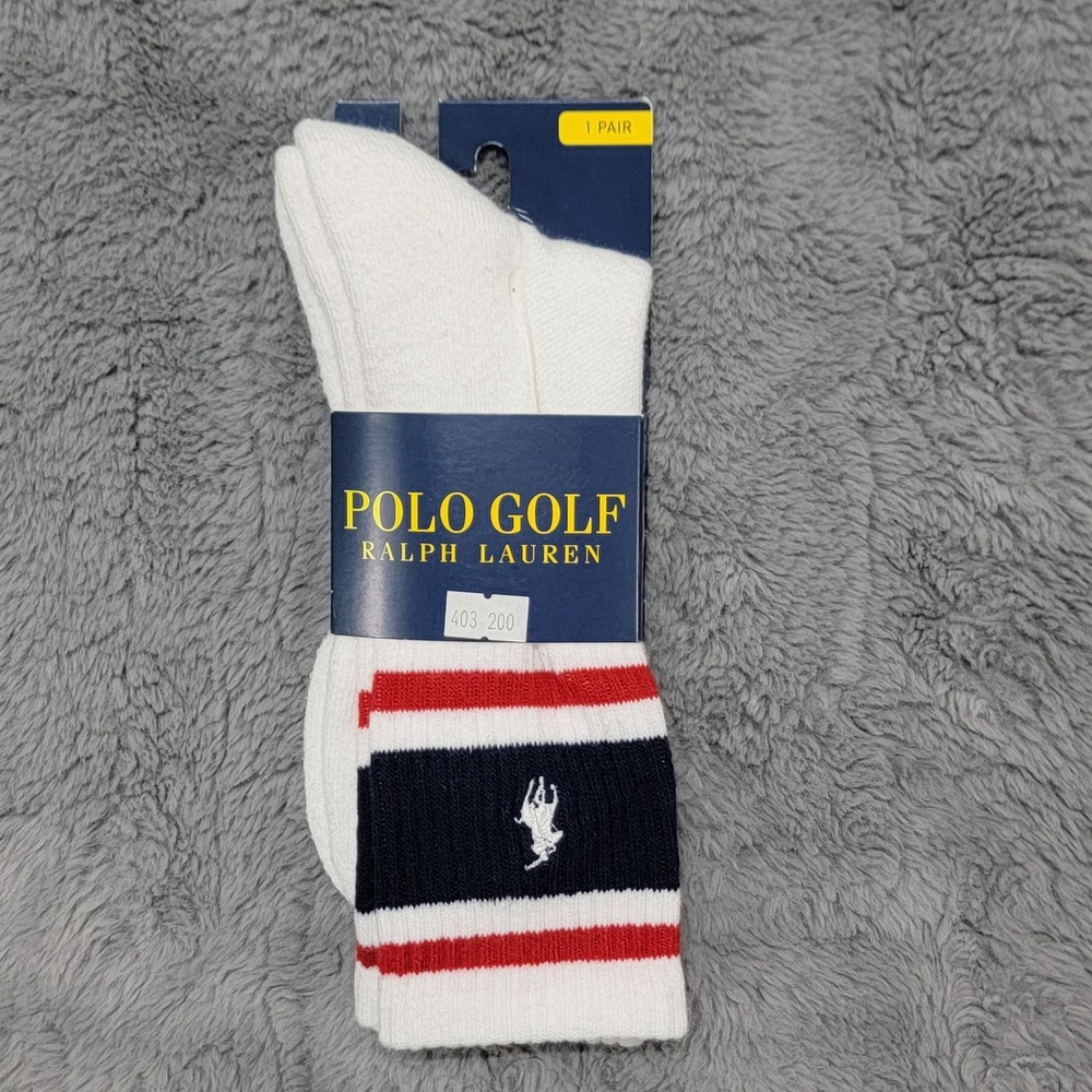 Polo Ralph Lauren Golf Socks Mens 10-13 White Navy Red Stripe Pony Mid Calf